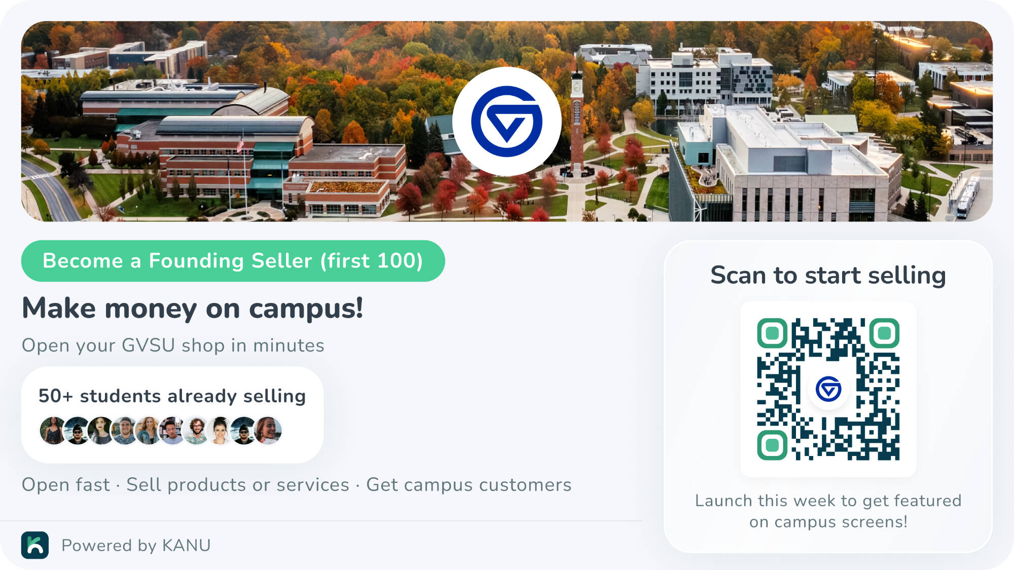 Horizontal monitor for Kanu and GVSU partnership. Shows join QR code and welcome information.